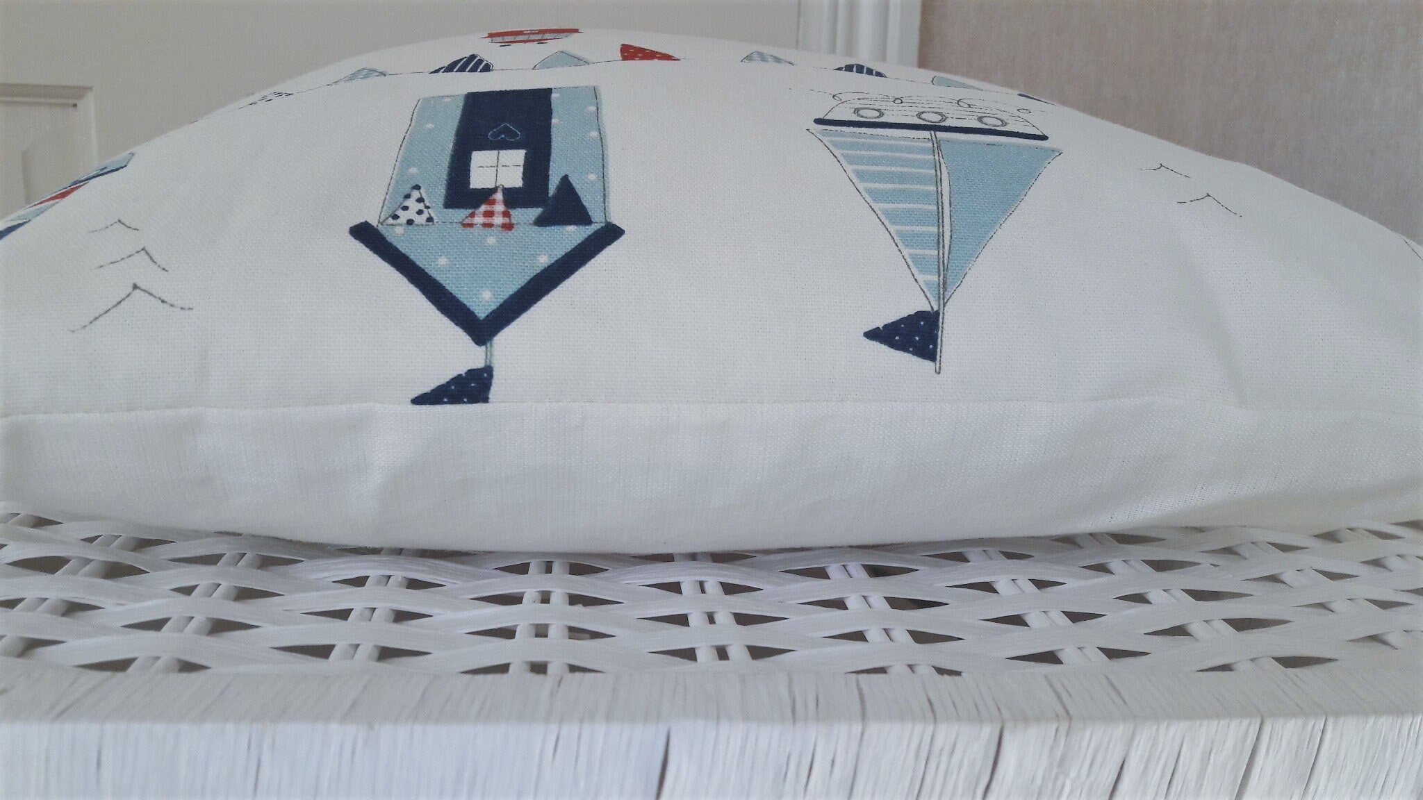 Nautical Seaside Cushion, Maritime Blue and Red Pillow, with a Zip Fastening.