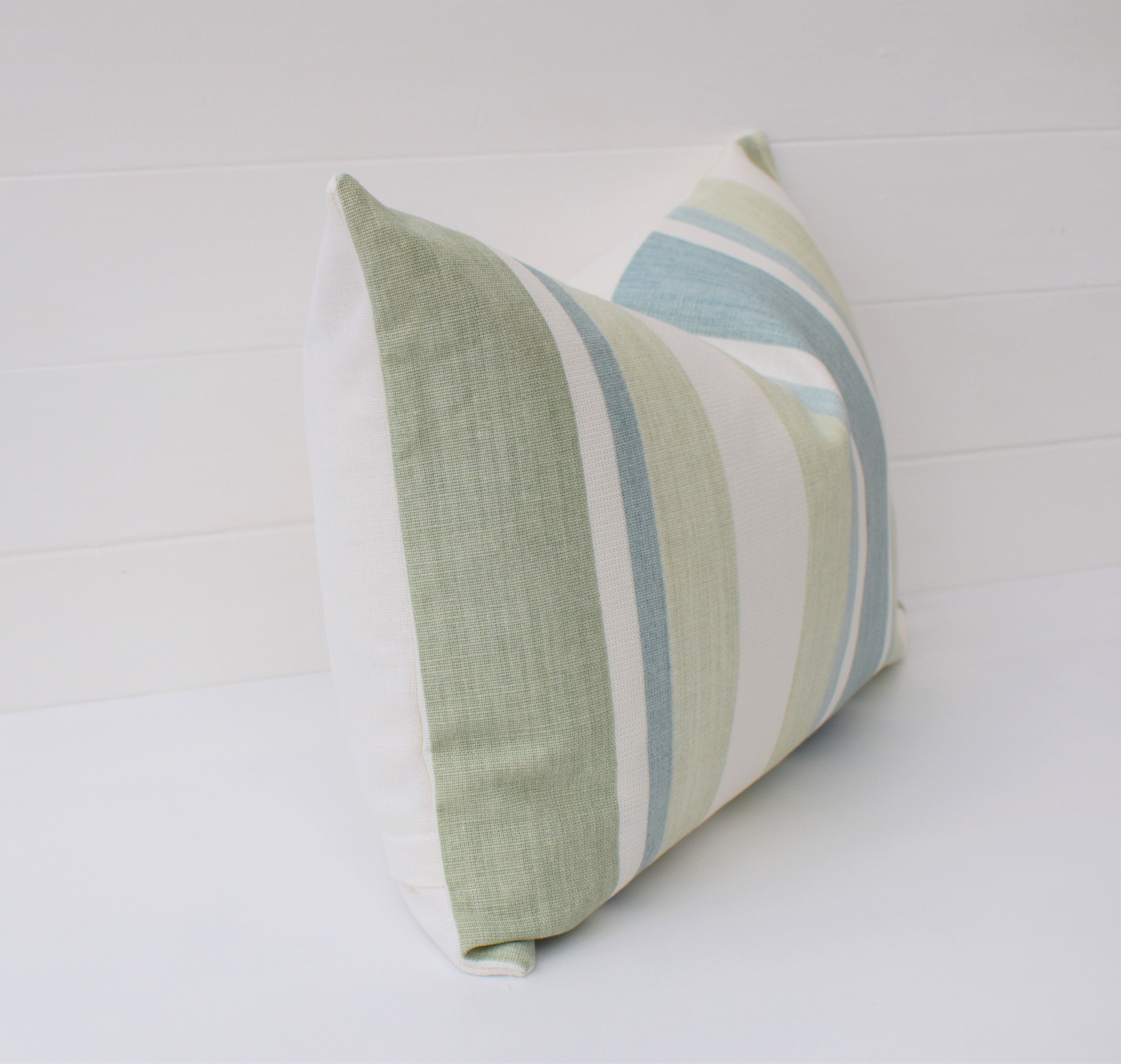 Laura Ashley Awning Stripe Green Cushion : Duck Egg Green, Handmade with Zip Fastening