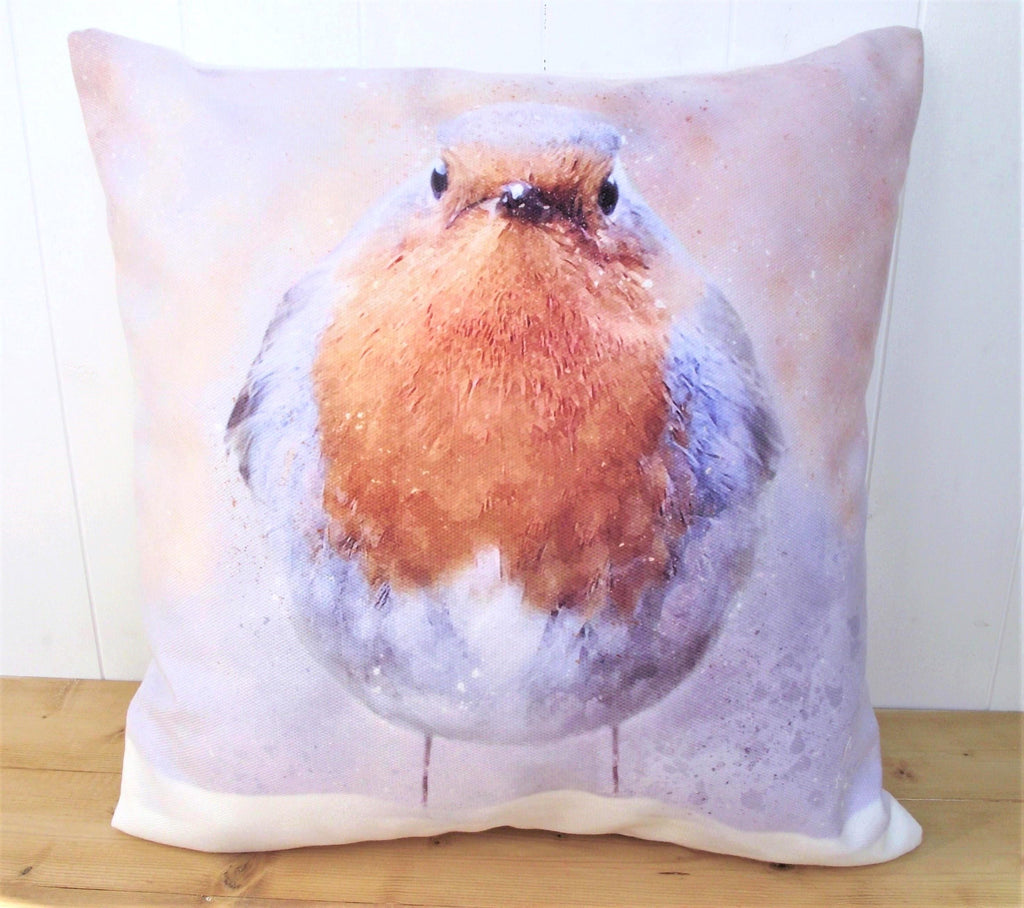 Winter Robin Cushion, Artist Watercolour Print Bird Pillow, Cover Only or Cover + Pad