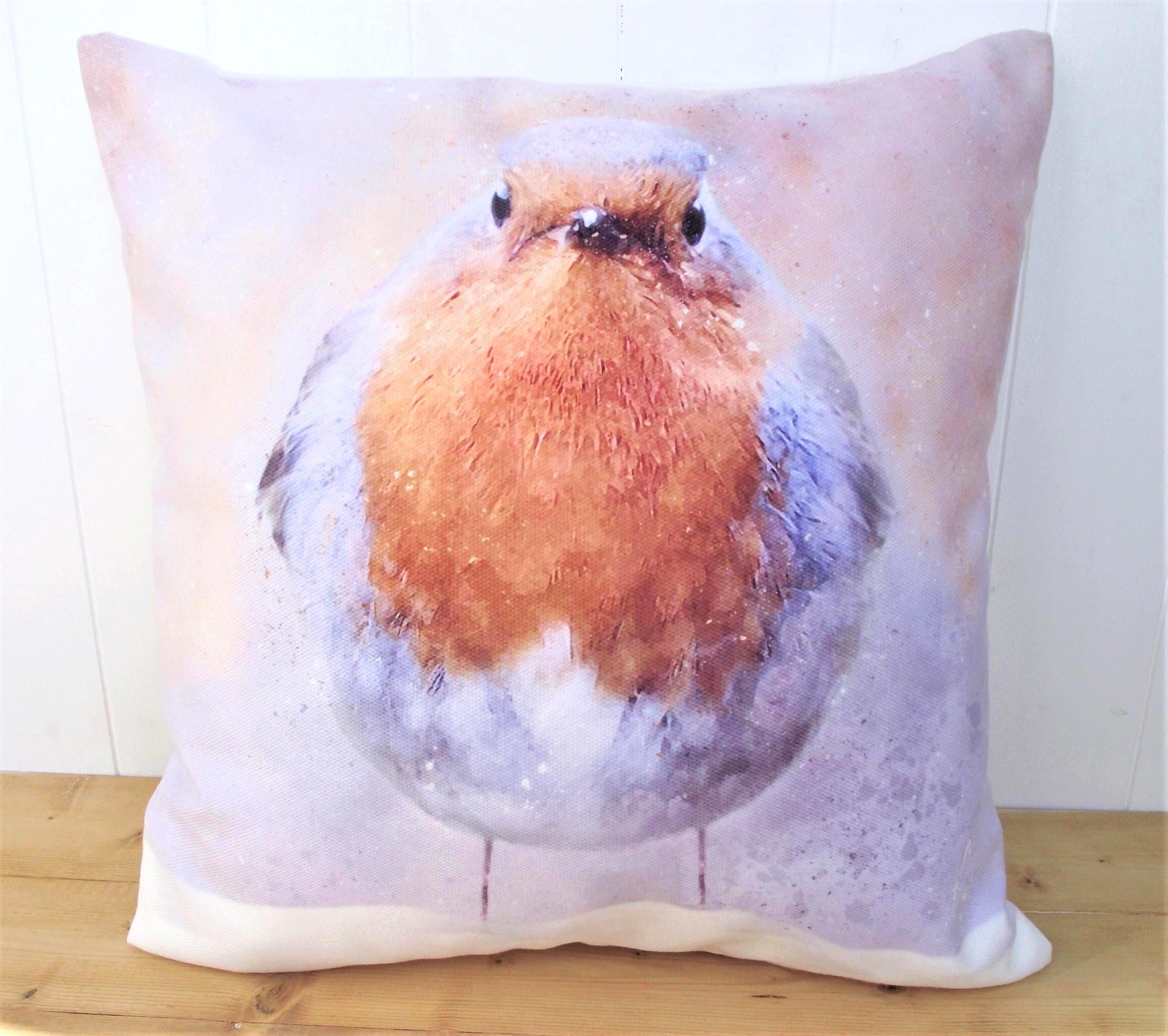 Winter Robin Cushion, Artist Watercolour Print Bird Pillow, Cover Only or Cover + Pad