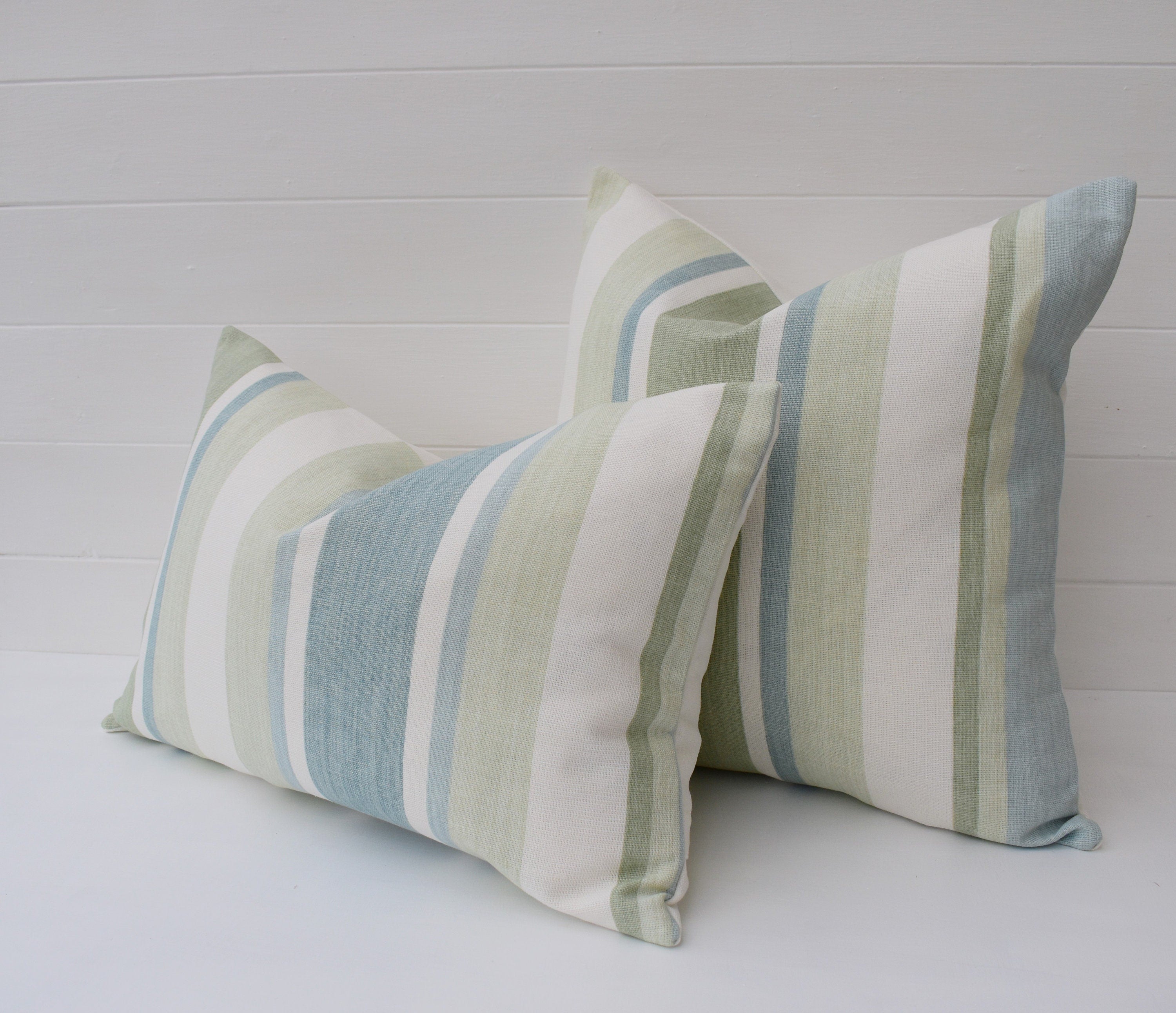 Laura Ashley Awning Stripe Green Cushion : Duck Egg Green, Handmade with Zip Fastening
