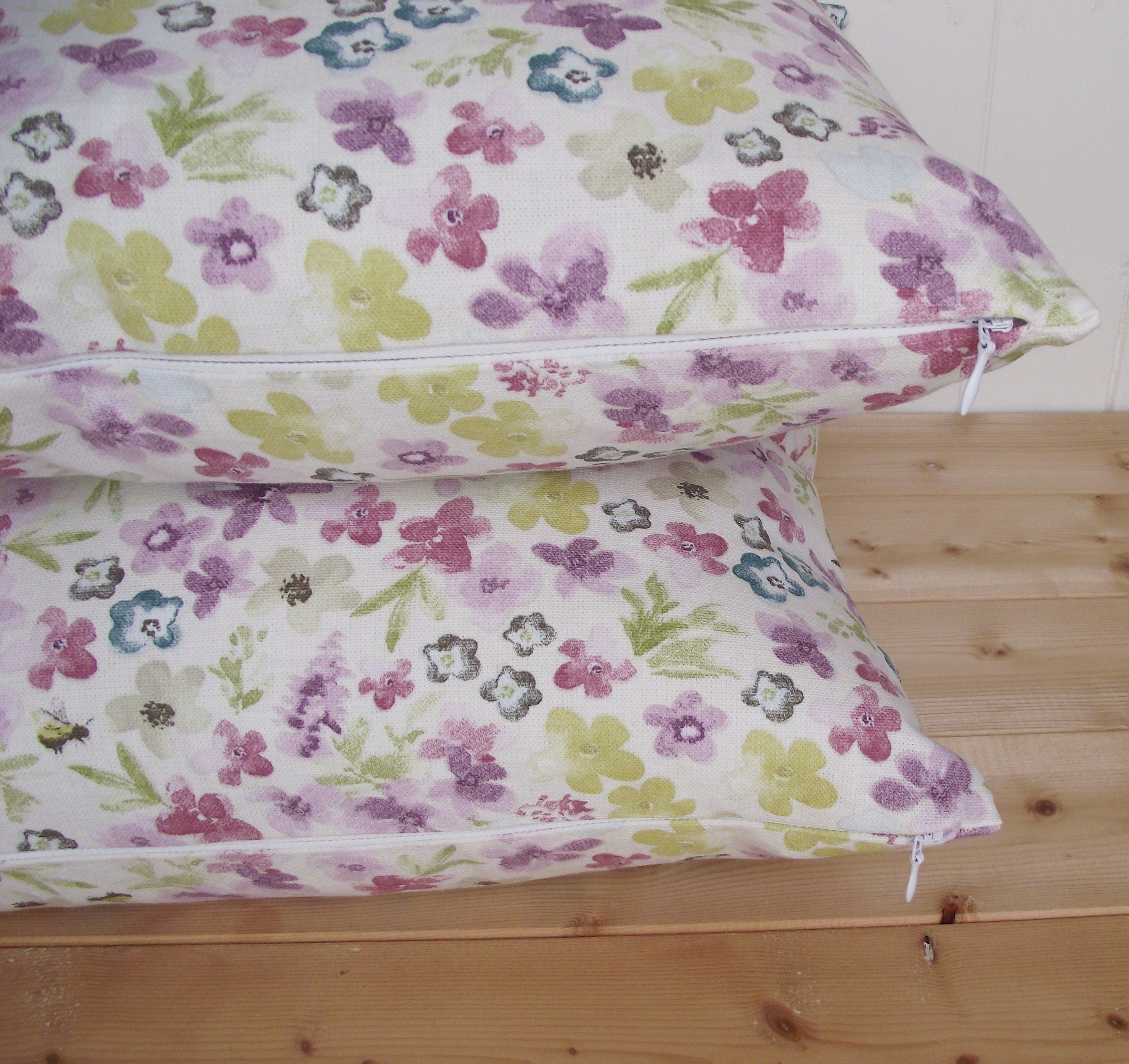 Handmade Lilac Floral Cushion: Hidcote Pastel Fabric, Zip Fastening