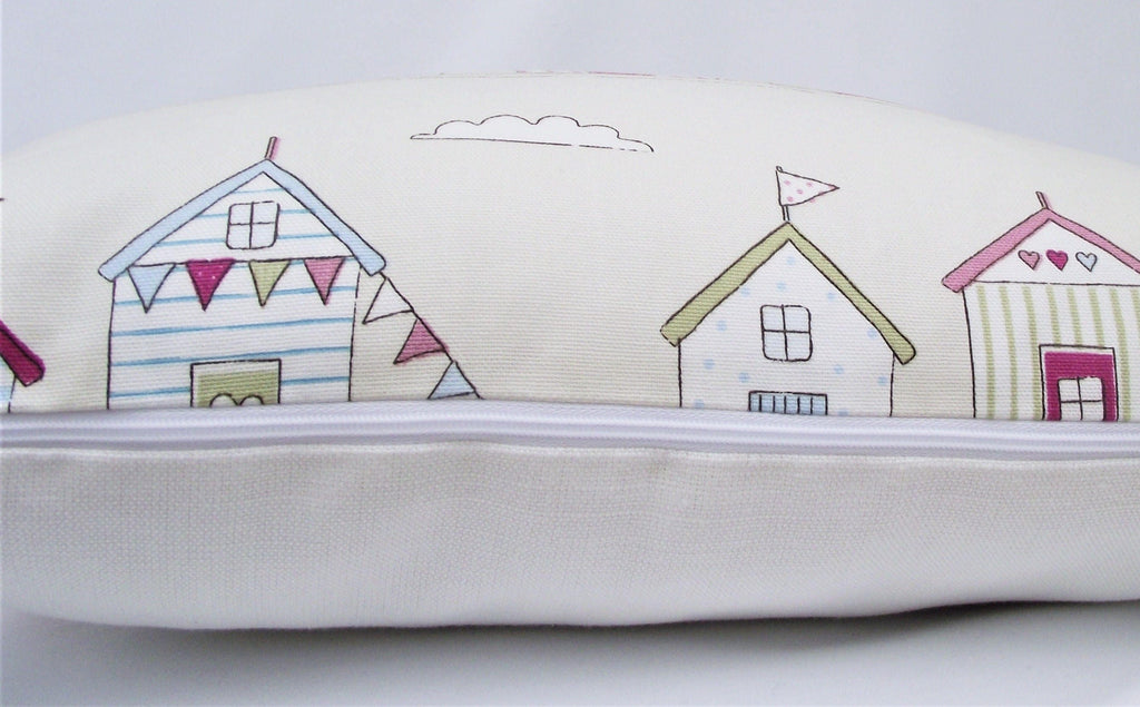 Handmade Beach Hut Cushion: Pink Fryetts Fabric, Holiday Home Pillow