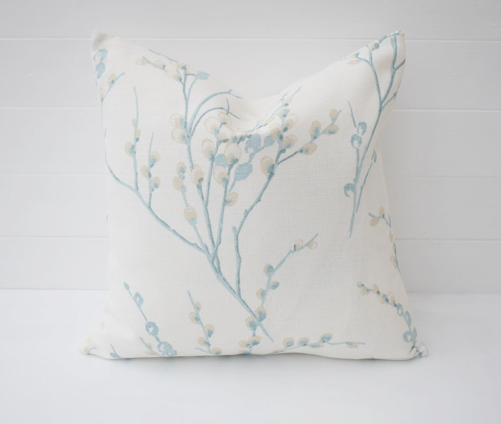 Laura Ashley Pussy Willow Duck Egg Cushion, backed in Laura Ashley Austen Off White, Handmade with a  Zip Fastening 16"