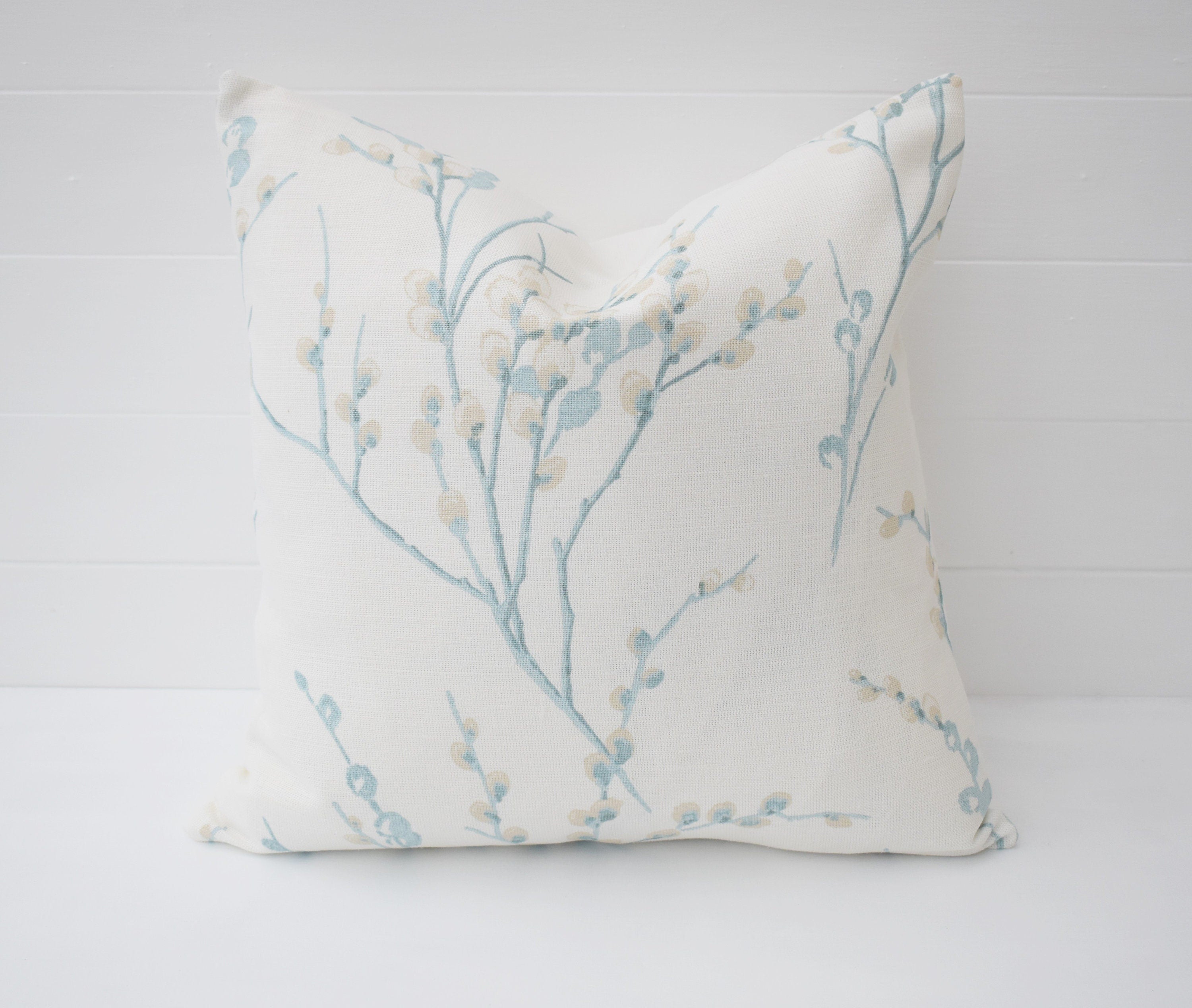Laura Ashley Pussy Willow Duck Egg Cushion, backed in Laura Ashley Austen Off White, Handmade with a  Zip Fastening 16"