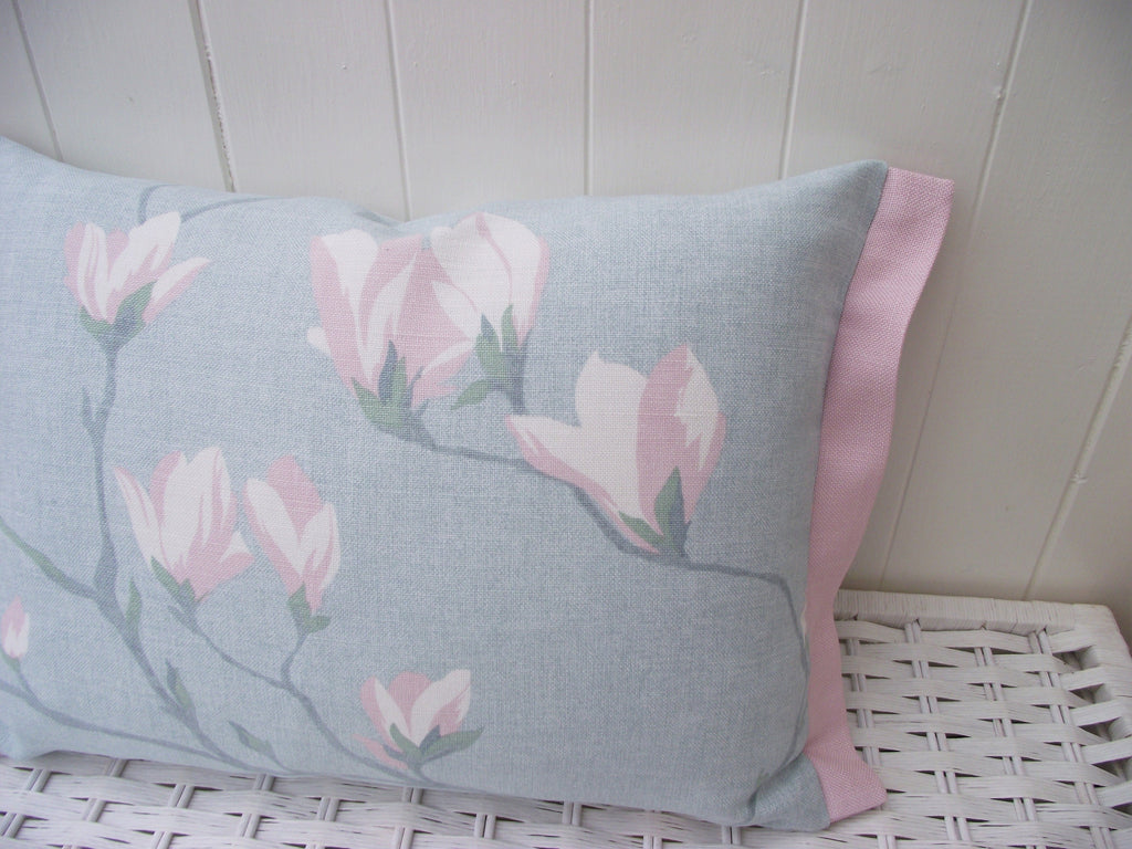Laura Ashley Magnolia Grove Duck Egg Cushion, Handmade with Pink Edging