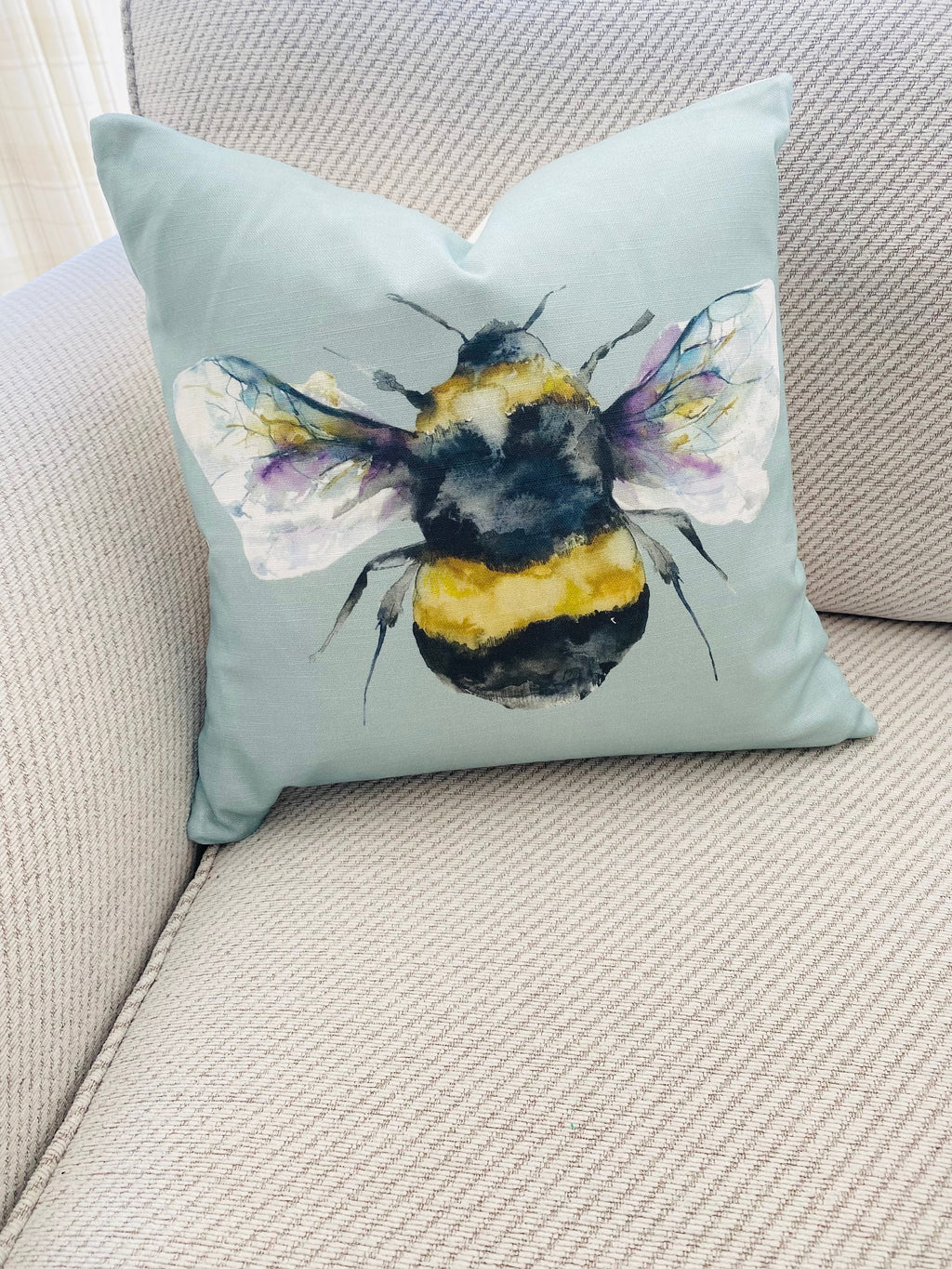 Handmade Bee Cushion: Voyage Maison Duck Egg Green, Laura Ashley Backing