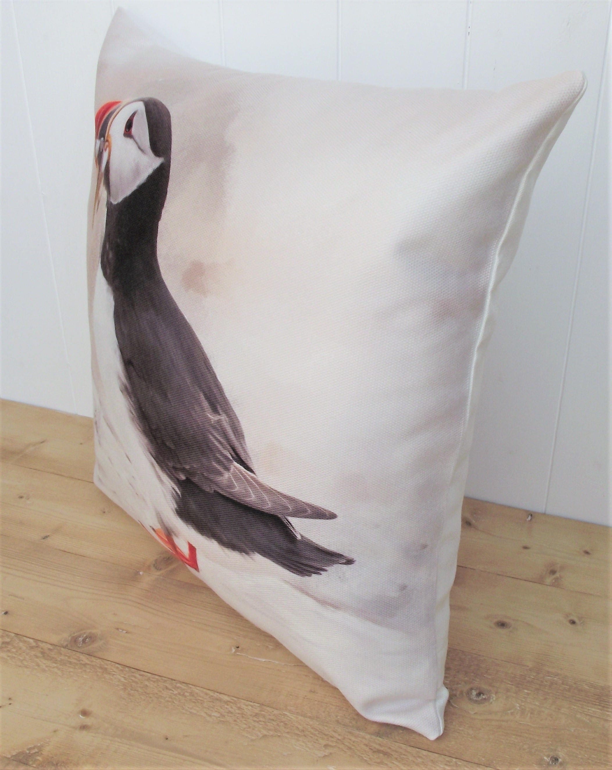 Puffin Bird Cushion: Handmade Coastal Pillow, Cover Only or Cover + Pad