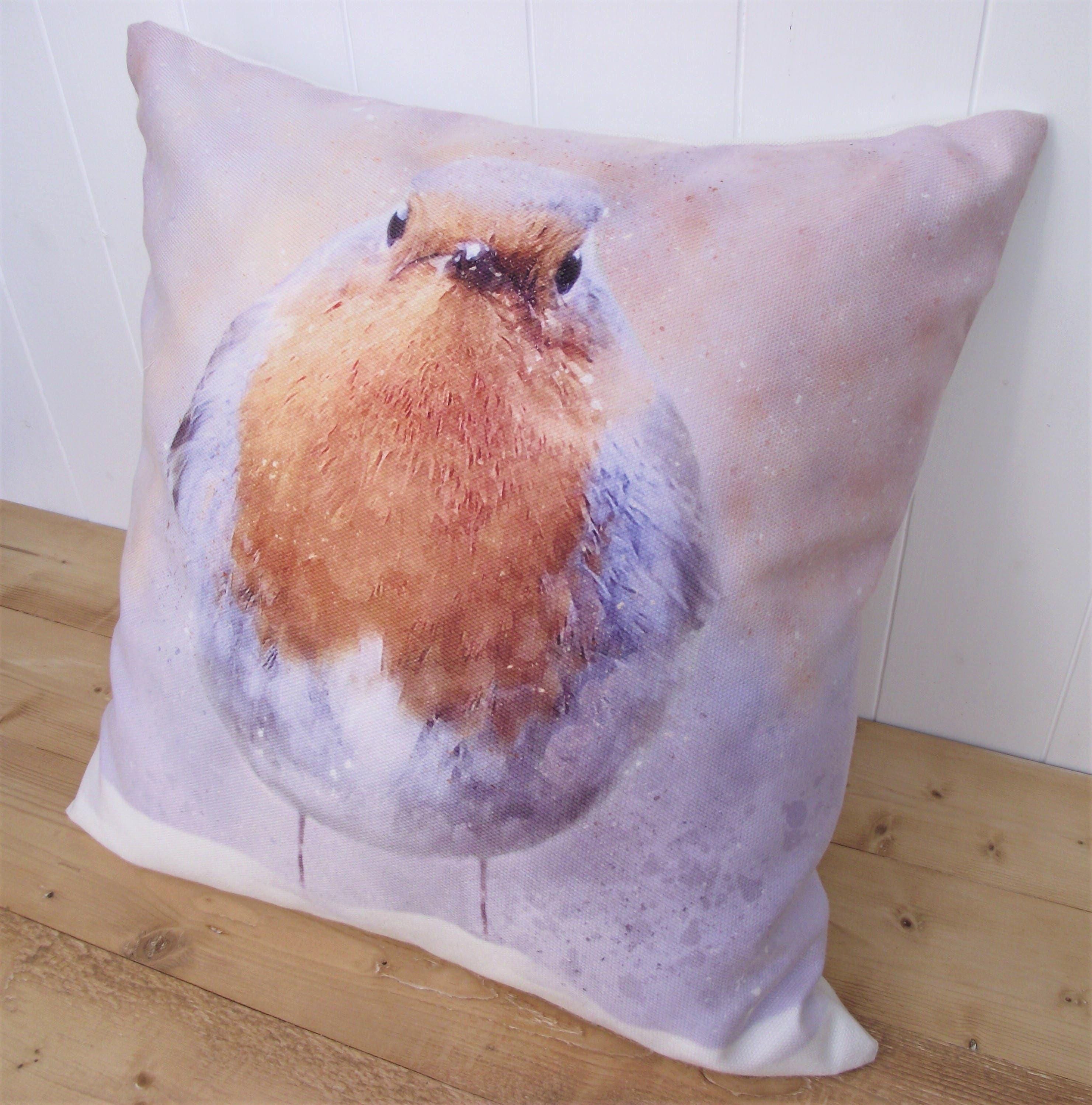 Winter Robin Cushion, Artist Watercolour Print Bird Pillow, Cover Only or Cover + Pad