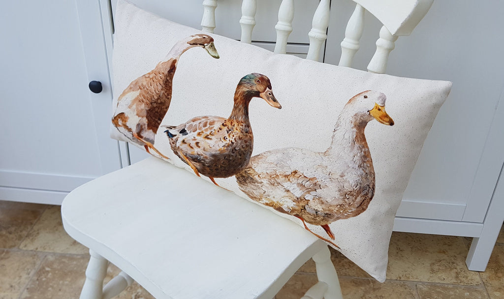 Ducks Organic Cotton Cushion: Farmyard Art by Wendy Darker (26x12)