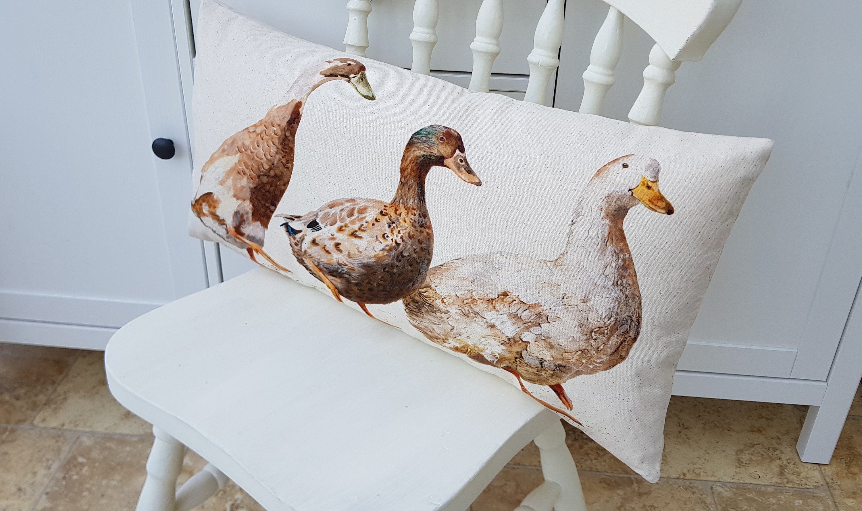 Ducks Organic Cotton Cushion: Farmyard Art by Wendy Darker (26x12)