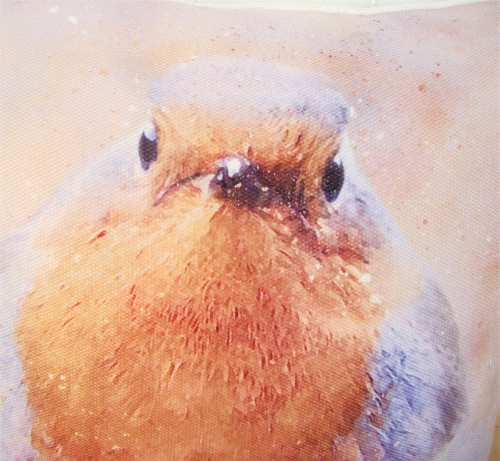 Winter Robin Cushion, Artist Watercolour Print Bird Pillow, Cover Only or Cover + Pad
