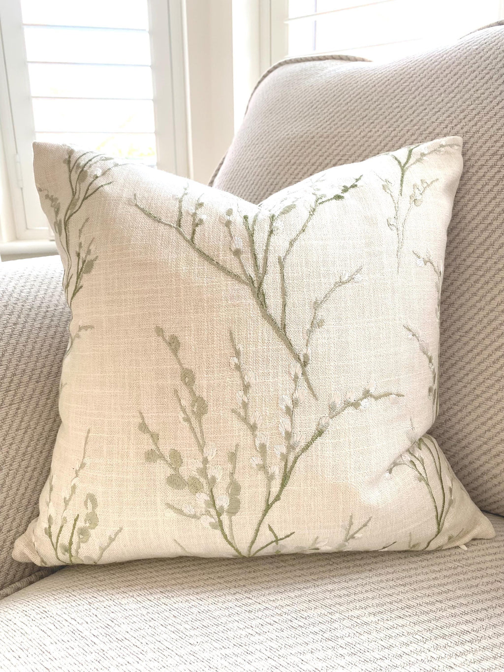 Laura Ashley Pussy Willow Cushion, Handmade in Embroidered Green Floral Hedgerow,16"