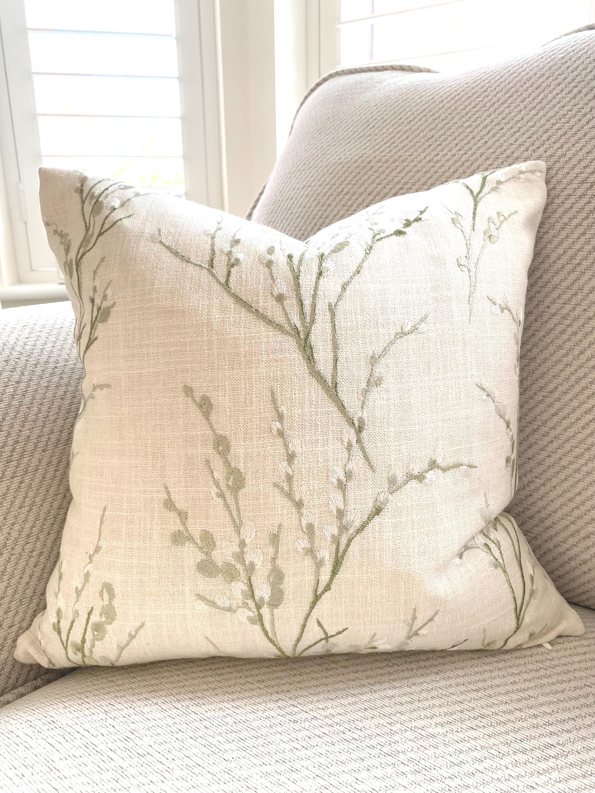 Laura Ashley Pussy Willow Cushion, Handmade in Embroidered Green Floral Hedgerow,16"