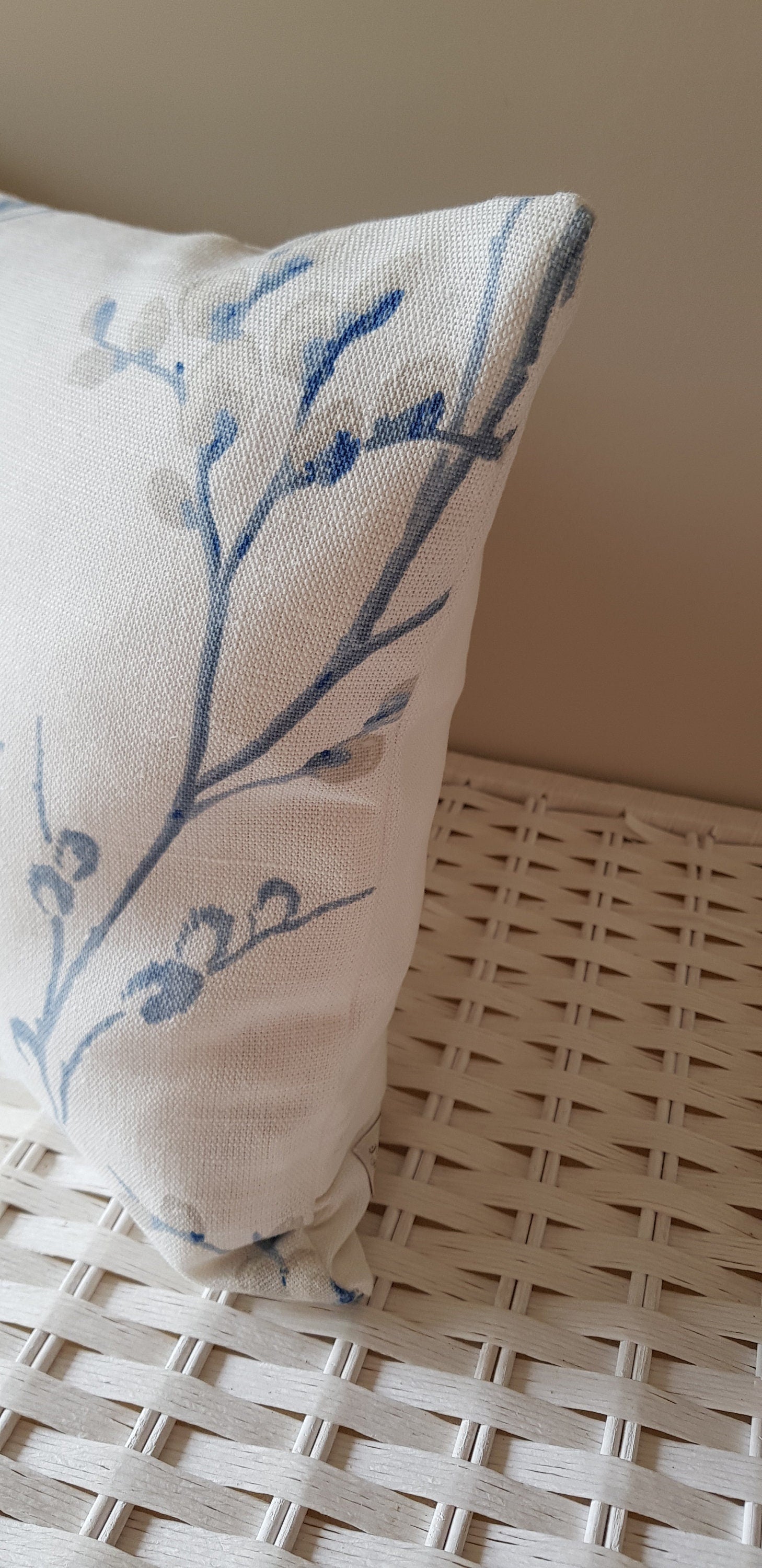 Laura Ashley Blue Seaspray Pussy Willow Cushion, with Austen Off White back, Handmade with a Zip fastening 18" by 12"