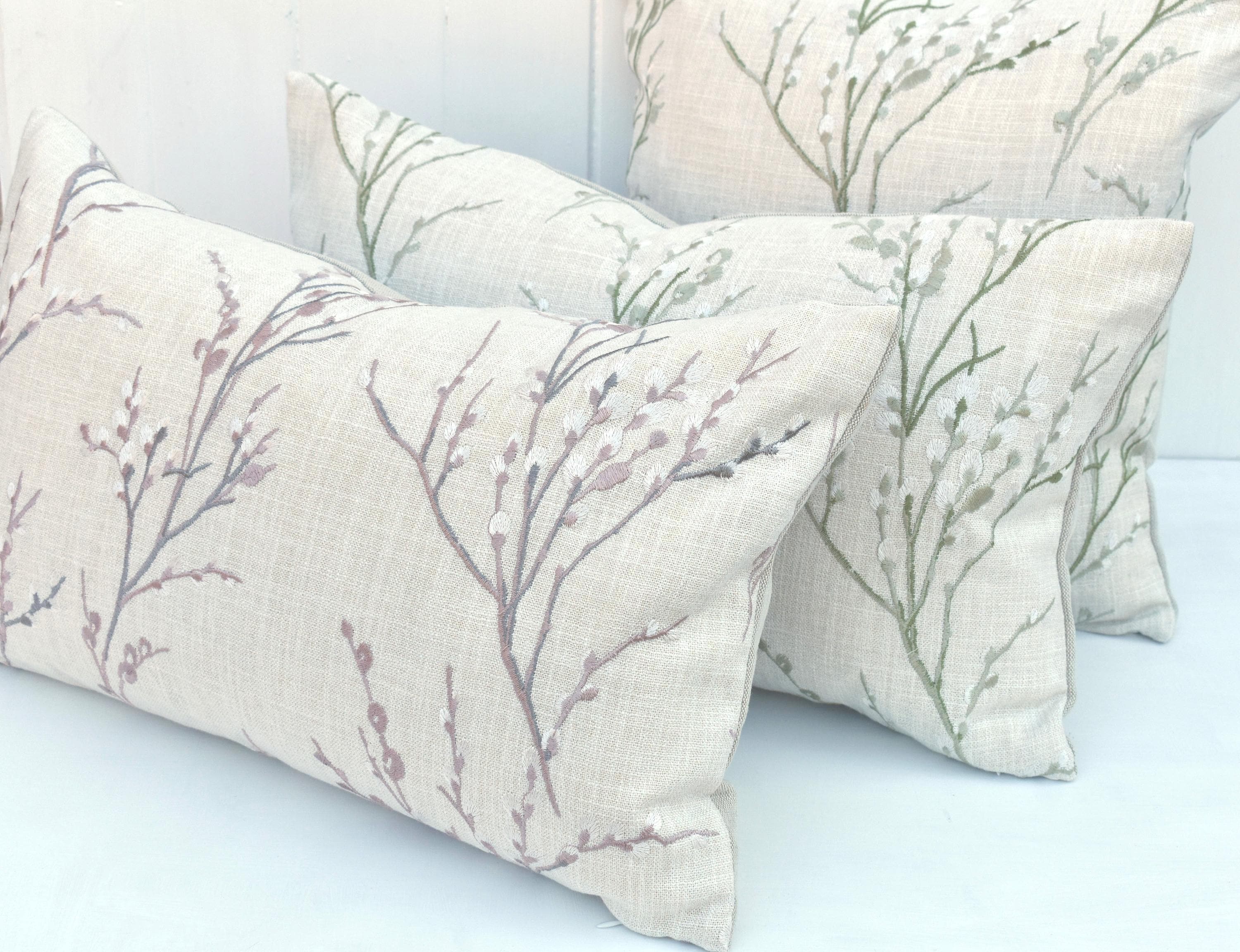 Laura Ashley Pussy Willow Cushion, Handmade in Embroidered Green Floral Hedgerow,16"