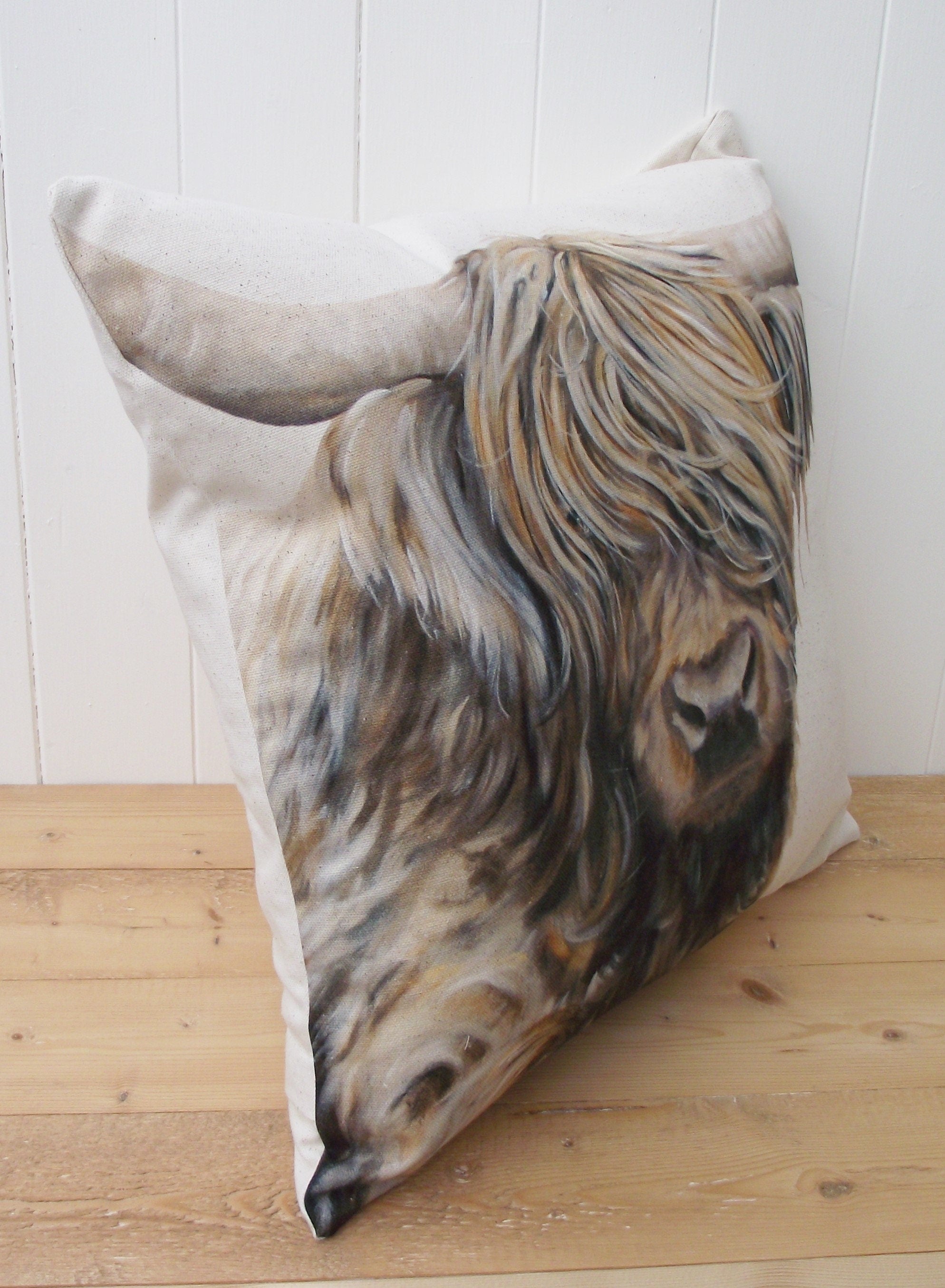 Highland Cow Art Print Cushion: Organic Cotton Wendy Darker Artwork, Choice of Cover Only or Cover + Pad
