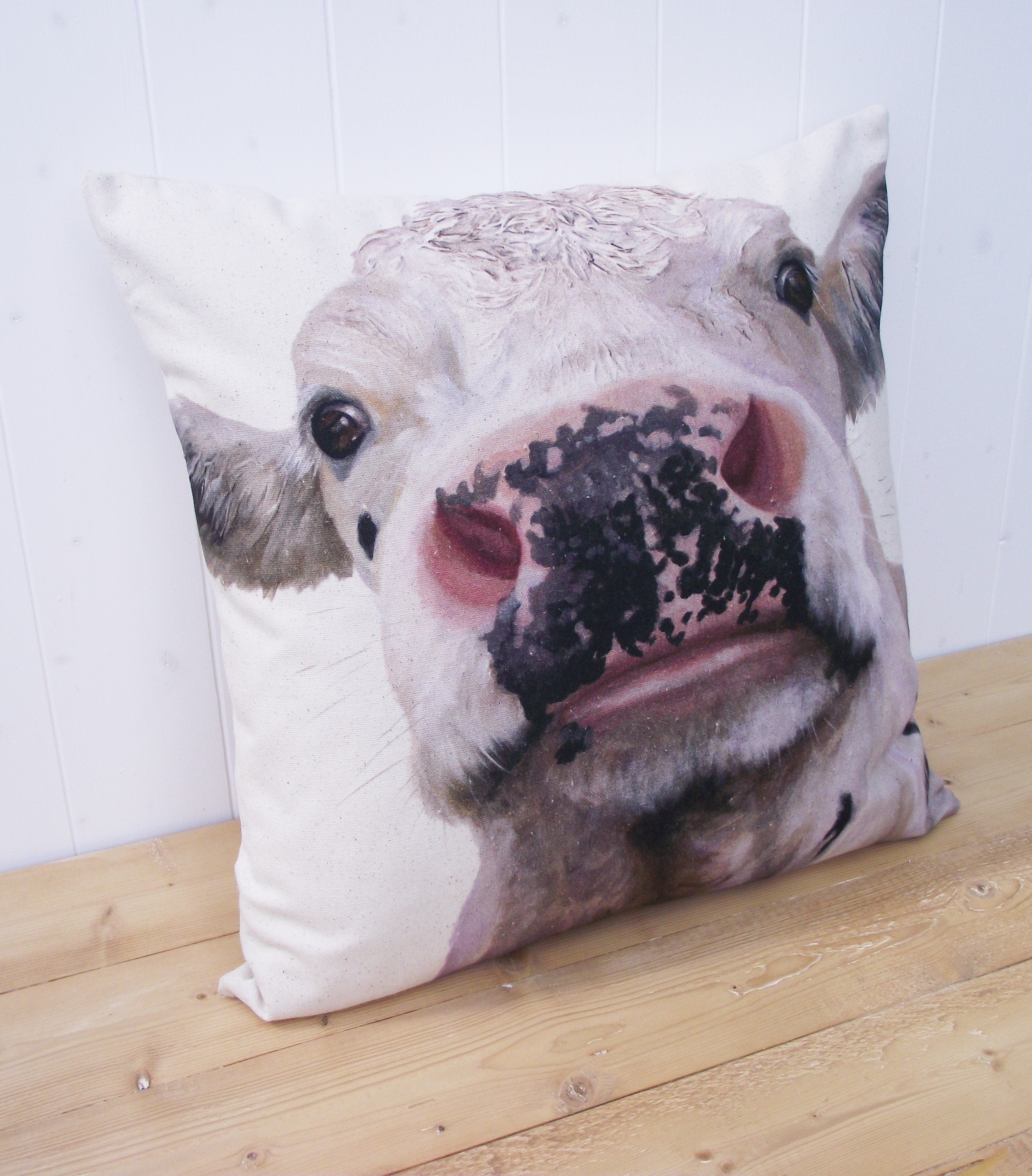 White Cow Face Cushion: Handmade Wendy Darker Pillow, Cover Only or Cover With Pad