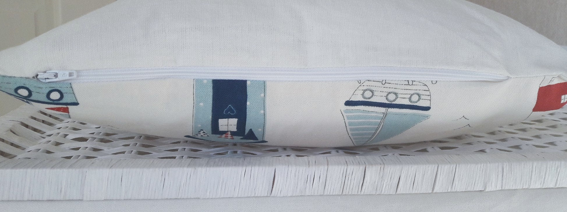 Nautical Seaside Cushion, Maritime Blue and Red Pillow, with a Zip Fastening.