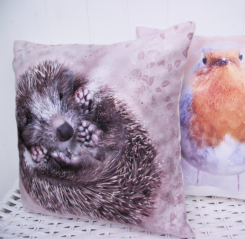 Hedgehog Cushion, Handmade Hedgehog Art Print Cushion, Choice of Cover Only or Cover + Pad