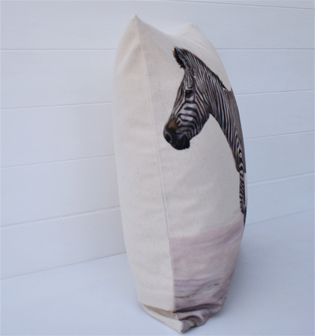 Zebra Art Print Cushion: African Animals Organic Cotton, Wendy Darker, Choice of Cover only or Cover with Pad