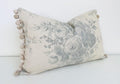 Kate Forman Large Blue Roses Cushion, Pom Pom Edge, Handmade Including Feather Inner Pad, Size 55cm by 35cm.