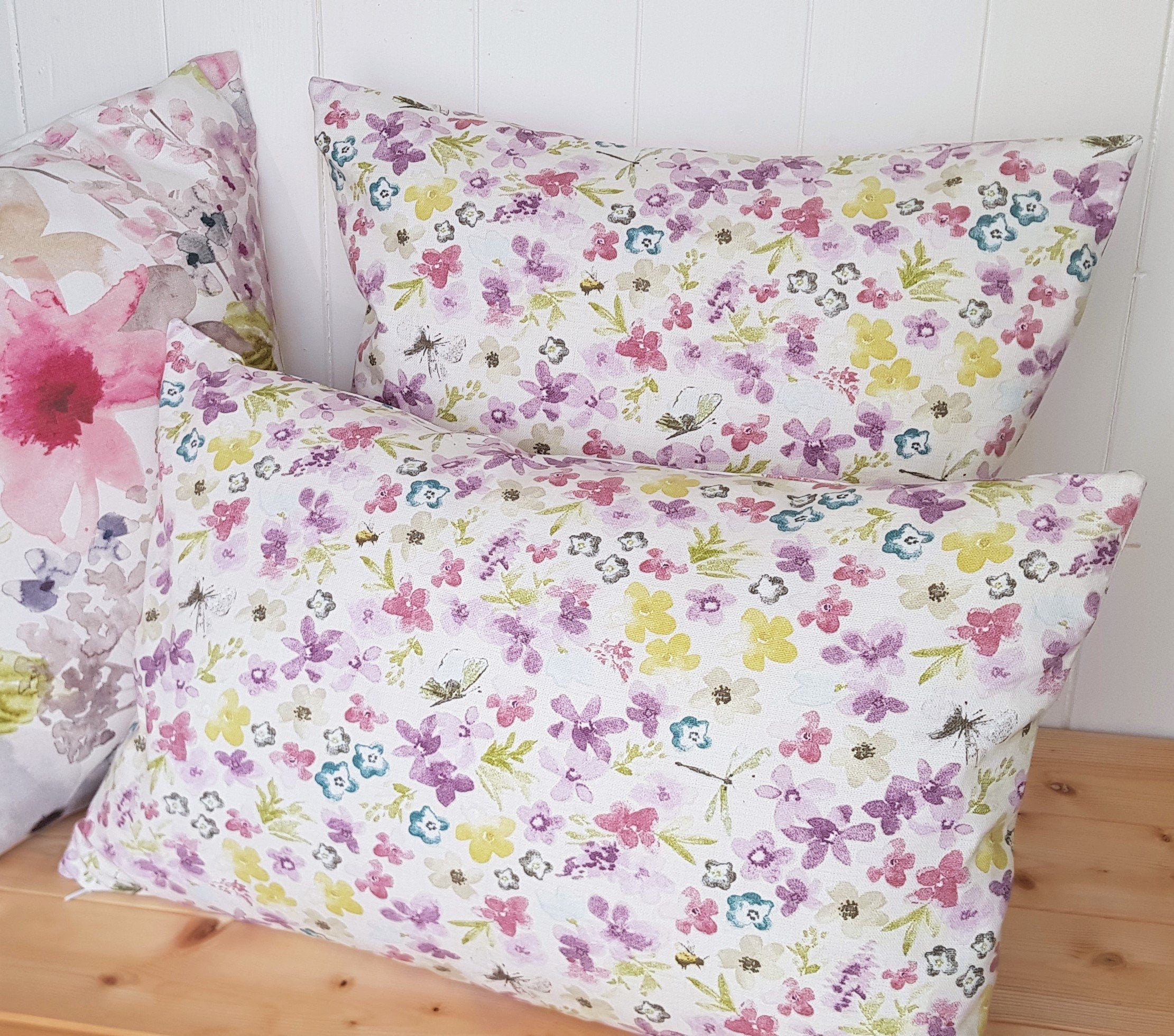 Purple Floral Cushion, Hidcote Pattern on both Sides, Pastel Flower Pillow,  with Zip Fastening.