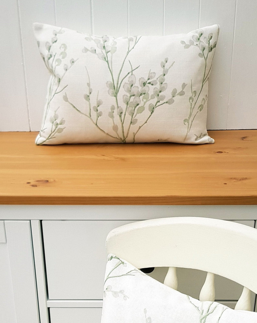 Laura Ashley Green Pussy Willow Cushion, 18" by 12" Floral Hedgerow Pillow, backed in Austen Off White, Handmade with a Zip Fastening