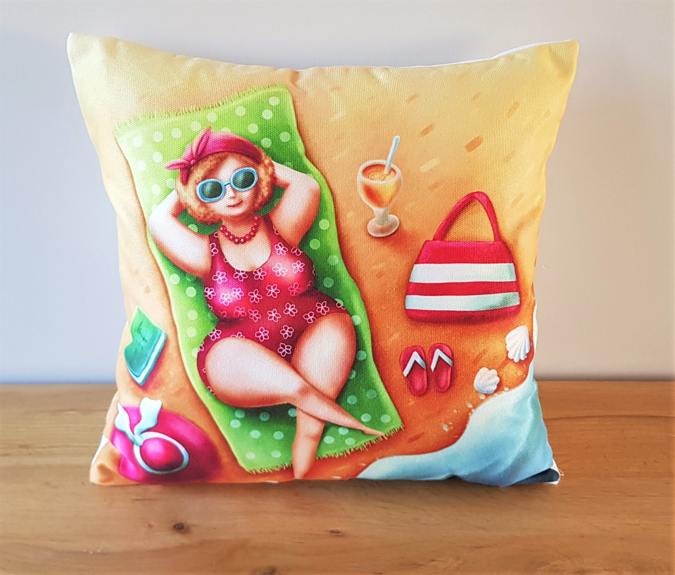 Beach Seaside Cushion, Holiday Theme Pillow, Art Print Cushion with zip fastening.